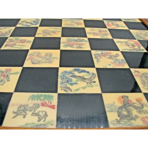 Asian Chess Set Hand Carved Soapstone Resin Wood Fold Storage Case 8 Fairies Vtg - Picture 3 of 13